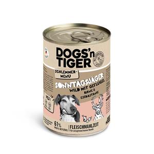 Voordeelpakket: 12x400g Dogs'n Tiger snackmenu voor honden wild met gevogelte met peer, gierst en eetkastanje hondenvoer nat