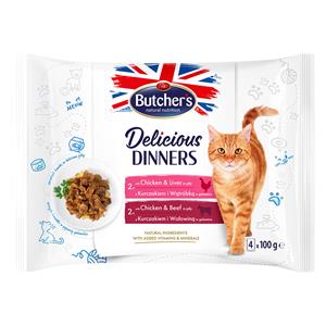 64 x 100 g Butcher's Delicious Dinners kattenmix: kip & lever, kip & rund natvoer