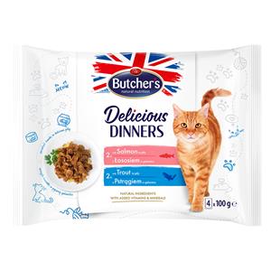 64 x 100 g Butcher's Delicious Dinners kattenmix: zalm, forel natvoer