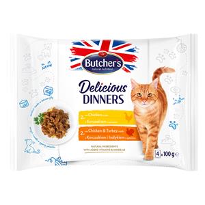 64 x 100 g Butcher's Delicious Dinners kattenmix: kip, kip & kalkoen natvoer