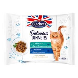 64 x 100 g Butcher's Delicious Dinners kattenmix: Zeevis, schelpvis natvoer