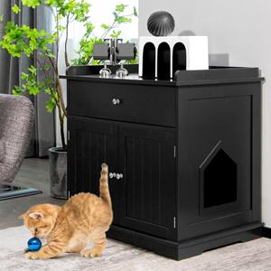 costway Kattenbak Verborgen Kattenwasruimte Meubilair met Lade en 2 Deuren Kattenhuis Bijzettafel Overdekt Kattenhuis Opbergkastje Zwart
