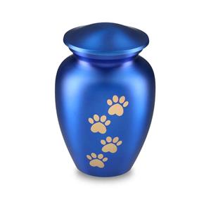 urnwebshop Blauwe Dierenurn Goudkleurige Pootafdrukken Large (1.5 liter)