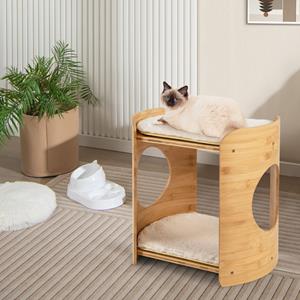 costway Verhoogd Kattenbed Schattige Kleine Kattenboom met 2 Niveaus voor Binnenkatten met Frame van Natuurlijk Bamboe Natuurlijk