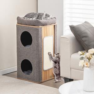 costway Kattenmand Kattenhuis met Krabplank en 3 Matten Speelton voor Katten tot 20 kg Kattenkrabpaal met Holletjes Grijs + Natuur