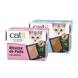 12x90g Catit Cuisine Mousse Tonijn met Zalm  & kip met ham nat kattenvoer