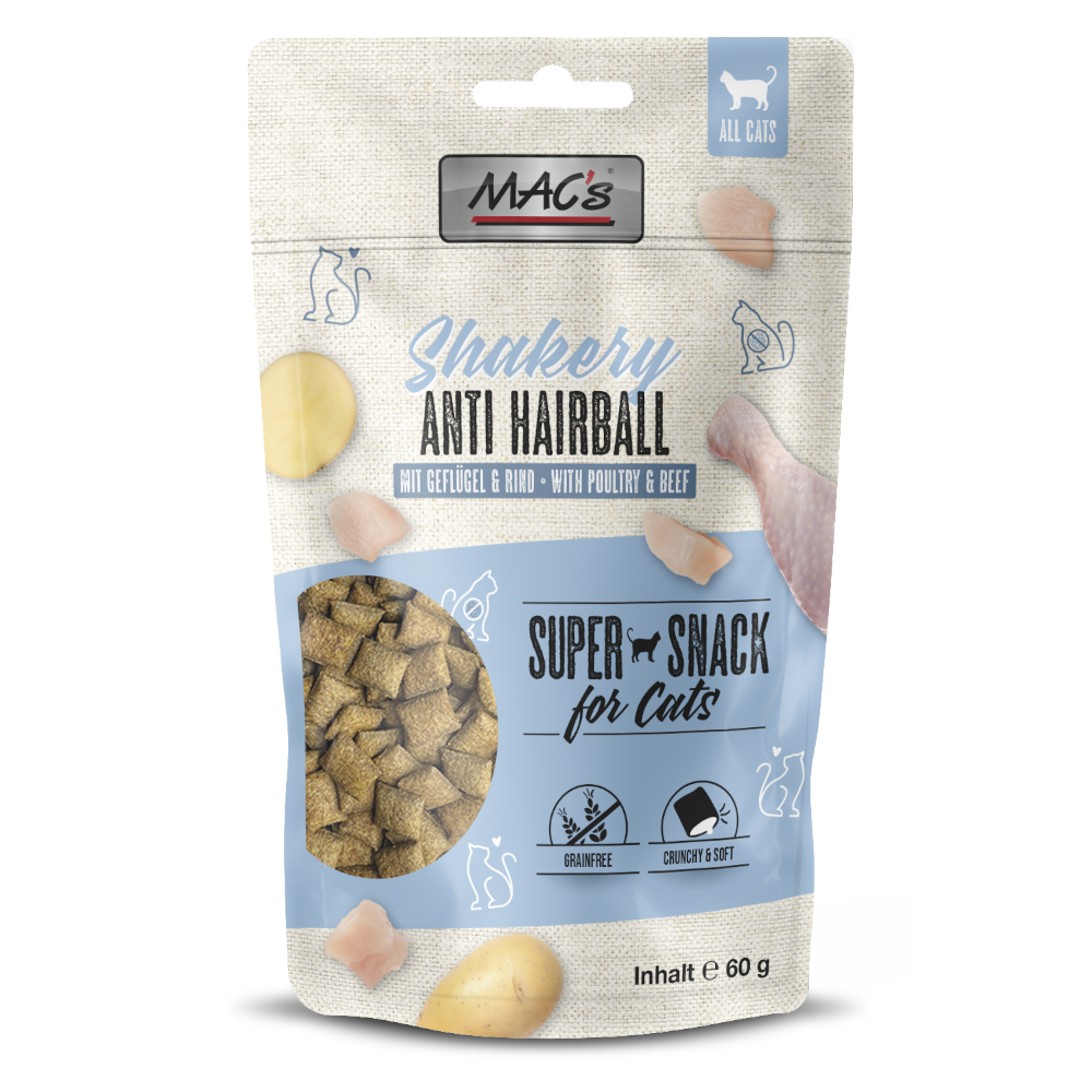 3x 60g MAC's Cat Shakery Snack Anti-haarbal met kip & rundvlees