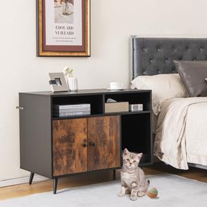 costway Kattenbak met Krabpaal Kattentoilet Kantelbeveiliging 2 Opbergplanken Metalen Schuine Poten 90 x 50 x 70 cm Zwart + Bruin