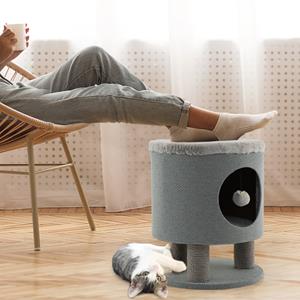 costway Huisdierbedden voor Binnenkatten Poef en Kattenbed met Krabpaal Pluche Bal Modern 3-In-1 Meubel voor Kleine en Middelgrote Katten Grijs/Beige