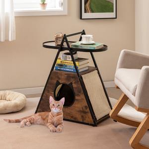 costway Kattenkast Kattenhuis & Bijzettafel & Nachtkastje Kast met Kattenmand & 2 Krabmatten & 2 Planken A-Frame Kattenmeubel voor Katten