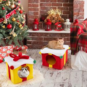 costway Twee Verdiepingen Tellend Kerstkattenhuis Stapelbare Geschenkdoosvormige Kattenunits met Strik Modern en Warm Kattenbed