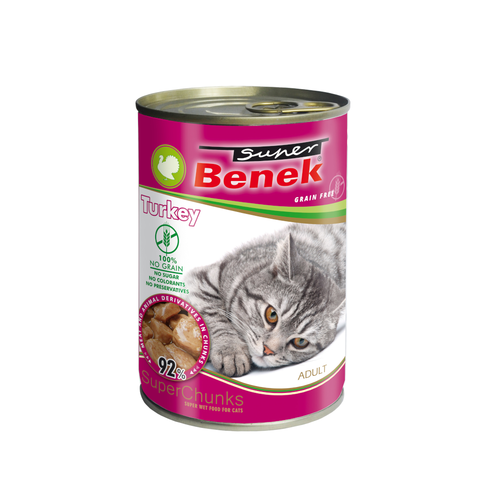 10x415g Super Benek graanvrije Chunks in saus kalkoen natvoer voor katten