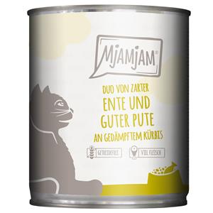 6x 800g MjAMjAM Duo malse eend & goede kalkoen op gestoomde pompoen nat kattenvoer