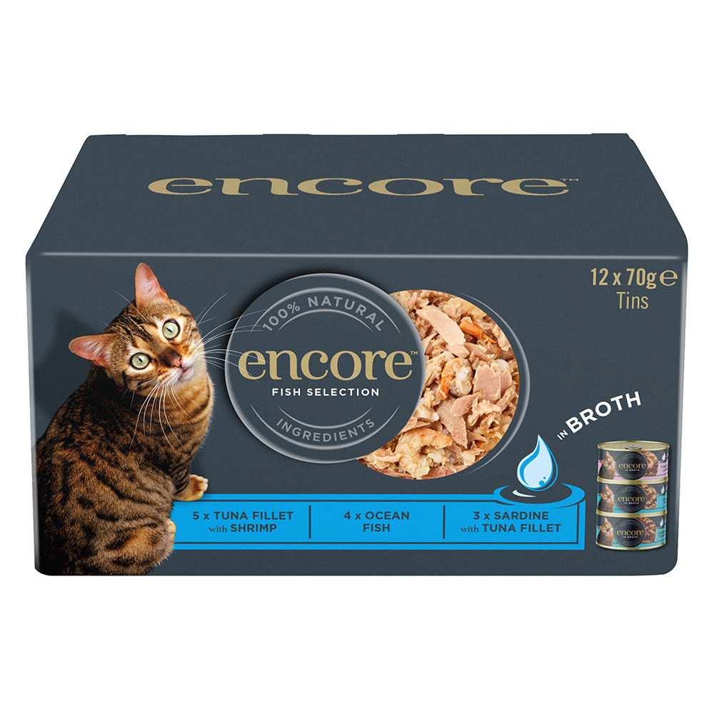 12x70g Encore blikje in bouillon Vis Selectie Multipack nat kattenvoer