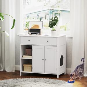 costway Kattenkast voor Kattentoilet Kattenbakkast met 2 Laden 2 Deuren & Ingang & Open Vakken Kattenmeubel Binnen 80 x 51 x 78 cm Wit