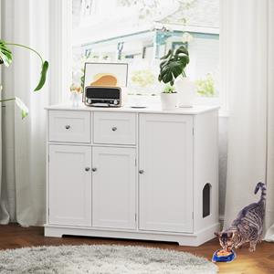 costway Verborgen Kattenbakkast met Opbergruimte Houten Kattenkast met 3 Deuren en 2 Lades Anti-Kantelsets Binnenmeubilair voor Katten