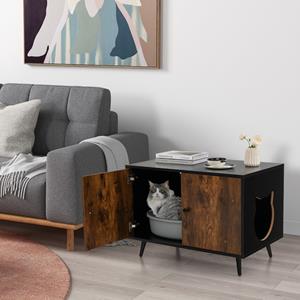 costway Kattenkast Kattentoilet Kattenhuis met Dubbele Deuren en Ingang Kattenbak voor Katten Honden Huisdieren Bruin + Zwart