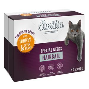 24x85g Smilla verse zakjes Adult Hairball Hapjes in Saus Kalkoen en Sperziebonen met Groenten