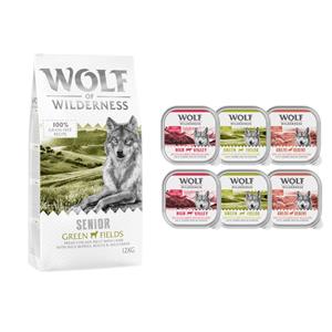 Wolf of Wilderness 12 kg  droogvoer + 6 x 300 g natvoer gratis! - Senior Green Fields Lam - Graanvrij (12kg) + Adult Mixpakket: Rund, Kalkoen, Lam (6 x 300g)