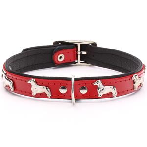 Hondenbed.nl Leren halsband Teckel (klein) rood / zwart
