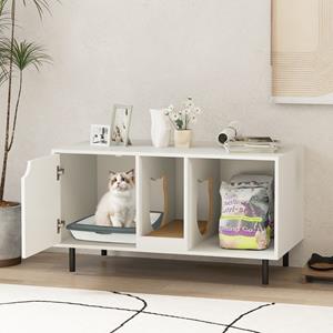 Costway 100 cm Kattenbakmeubel Verwijderbare Krabpaal Binnenkattenmeubel met 2 Compartimenten Modern Houten Meubel voor Katten