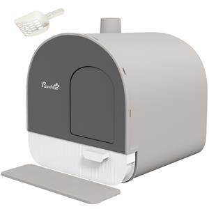 PawHut kattentoilet met kap, geurvrij ontwerp, inclusief kattenbakschep en vuilopvangmat, eenvoudig te reinigen, kunststof, grijs/zwart | Aosom.nl