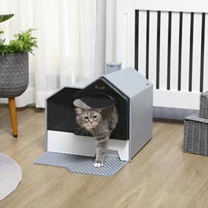 PawHut kattenbak, slim zeefsysteem, eenvoudig schoon te maken, uitneembare vloer, compact ontwerp, 56 x 40 x 38 cm, grijs en wit | Aosom.nl