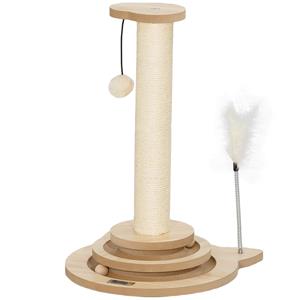 PawHut kattenkrabpaal, 4-in-1 ontwerp, met kogelbaan en speelbal, duurzaam sisal, ideaal voor spel en krabben, 49 cm, eik, wit | Aosom.nl