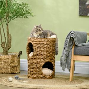 PawHut Kattentoren, stijlvolle kattengrot met 2 aparte grotten en 1 ligplaats, duurzaam waterhyacint, ruimtebesparend, 50x50x100 cm, Natuur | Aosom.nl