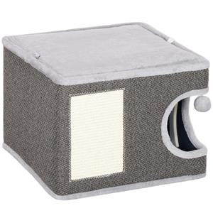 PawHut kattenhuis, comfortabel met 2 kussens, krabmat en speelbal, ideaal voor katten, compact ontwerp, 50 x 40 x 40 cm, grijs | Aosom.nl