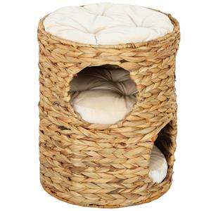 PawHut Krabton, 50 cm, 2 Grotten, Kussen, Krabpaal met Kattenbed, Kattentoren van Waterhyacint, Lichtbruin