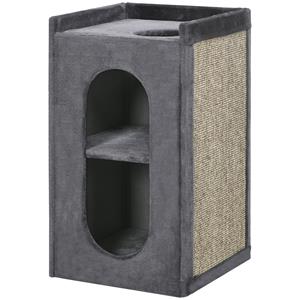 PawHut krabpaal voor katten, met 2 kattenholen, liggedeelte, sisal krabmat, pluche, stevig en duurzaam, 70 x 45 x 115 cm, grijs en naturel | Aosom.nl