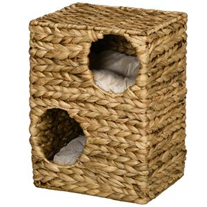 PawHut 2-laags kattenhuis, comfortabel met 2 slaapgrotten, wasbare kussens, duurzaam waterhyacint, 40 x 31 x 55 cm, lichtbruin | Aosom.nl