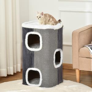PawHut kattenkrabpaal, 3 niveaus, duurzame kattenboom, met sisal en fluweel, perfect voor spelen en krabben, 60 x 60 x 160 cm, grijs en wit | Aosom.nl