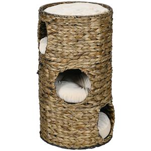 PawHut kattentoren, krabton met 3 kattenholen, inclusief kussen, stevig en ruimtebesparend, Ø40x73H cm, donkerbruin | Aosom.nl
