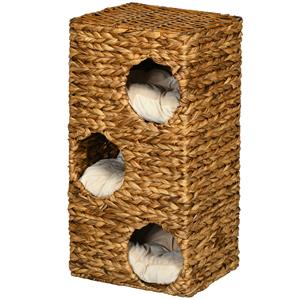 PawHut krabpaal, multifunctioneel, 3 niveaus met gewatteerde kussens, ideale speelplek, waterhyacint, 60 x 40 x 120 cm, lichtbruin | Aosom.nl