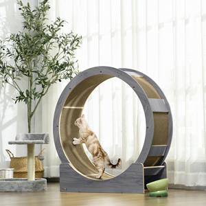 PawHut Kattenlooprad, 91 cm met Rem en Krabmat, voor Actieve en Gezonde Kattenbeweging, Grijs