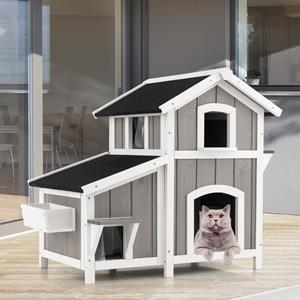 Costway 2 Verdiepingen Tellend Houten Kattenhuis voor Buiten met Deuren PVC-Gordijnen Weerbestendig Asfalt Dak Decoratieve Plantenbak