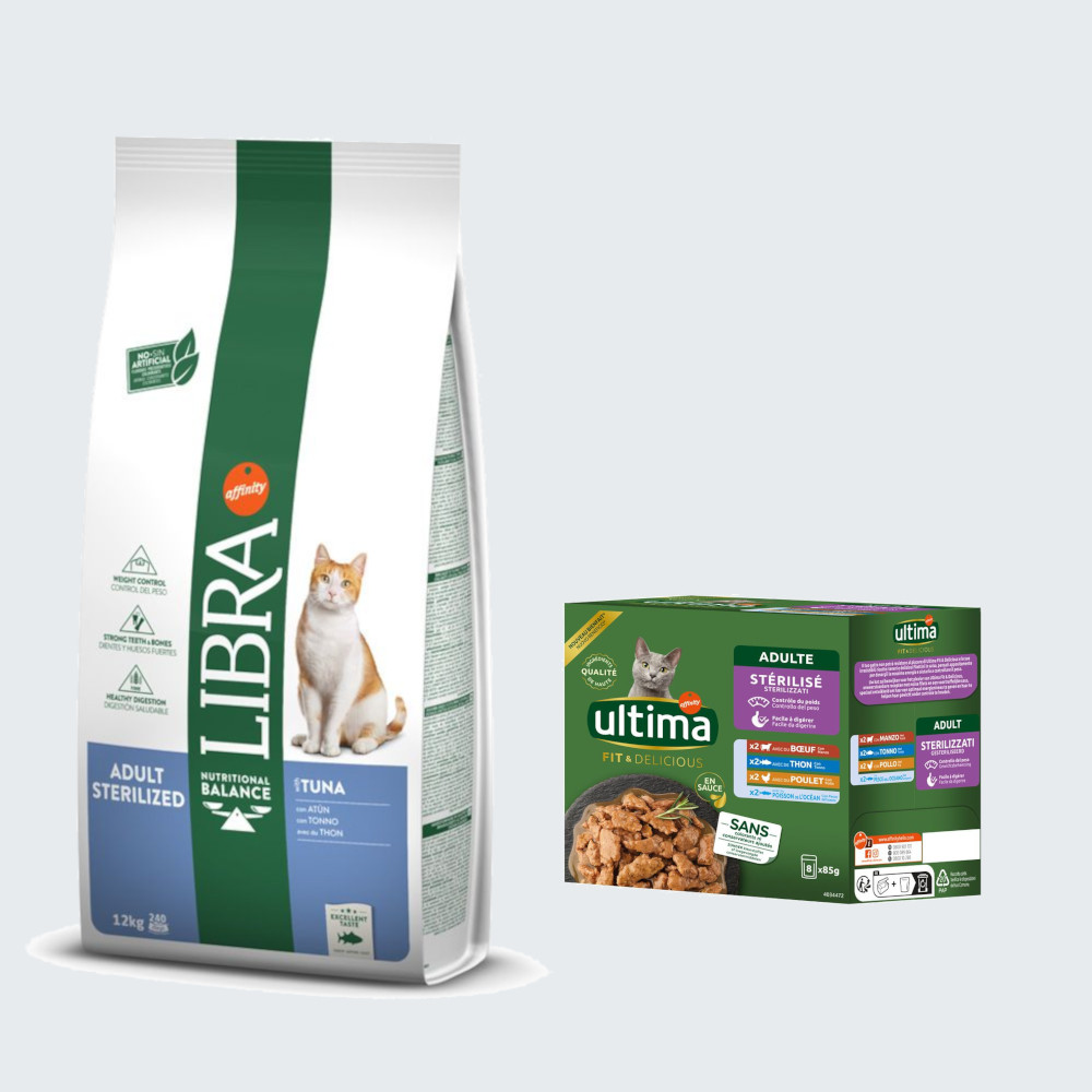 Affinity Libra 8 x 85 g Ultima Sterilized natvoer gratis! Libra12 kg droogvoer - Sterilized Tonijn (12kg)