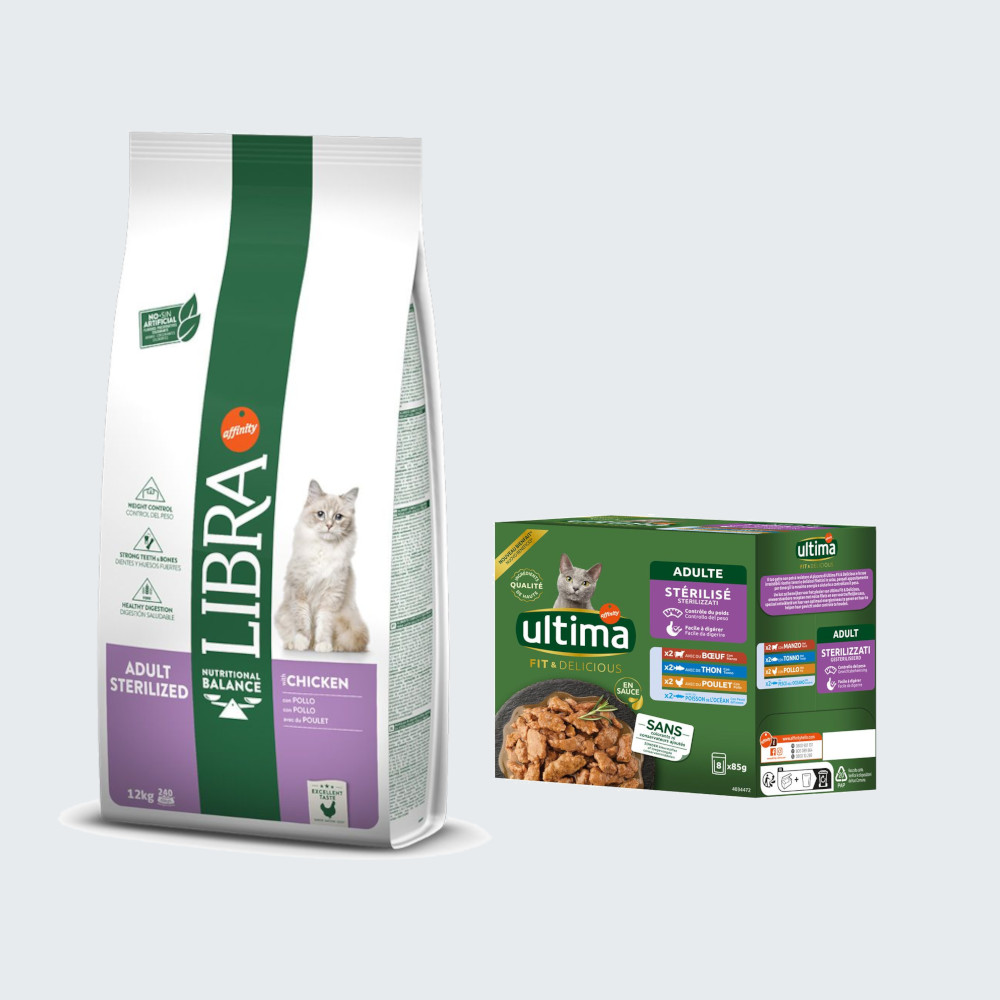 Affinity Libra 8 x 85 g Ultima Sterilized natvoer gratis! Libra12 kg droogvoer - Adult Gesteriliseerd met Kip (12kg)