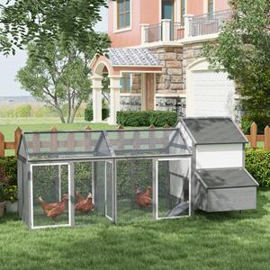 PawHut kippen nachthok voor twee tot vier kippen, 2 Buitenkooien, 1 Nestkast, 2 Ramps, Asfaltdak, Weerbestendig, 247x 125 x 113.5 cm, Grijs | Aosom.nl