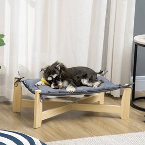 PawHut Huisdierenbed met Kussen - Verhoogd Ontwerp voor Binnen en Buiten, in Grenenhout Natuur+Lichtgrijs 72 x 40 x 25 cm