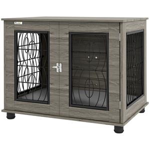 PawHut hondenkooi, veilig en comfortabel, met ligkussen, tot 20 kg, duurzaam metaal, 80 x 56 x 63 cm, grijs/houtdecor | Aosom.nl