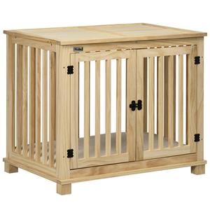PawHut hondenkooi, veilig met slot, comfortabel kussen, stevig natuurlijk hout, 82,5 x 57 x 72 cm, ruimtebesparend, roomwit | Aosom.nl
