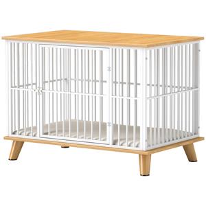 PawHut hondenkooi, veilige vergrendeldeur, afneembaar kussen, goede ventilatie, stevig staal, 86 x 60 x 70 cm, wit, eik | Aosom.nl
