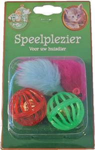 Gebr de boon Kattenspeelgoed blisterpak 2 plastic bal en 2 bontmuis 5 cm - 