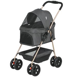 PawHut 3-in-1 Huisdierenwagen, inklapbare hondenkar met 4 wielen en afneembare draagtas voor honden en katten, Grijs