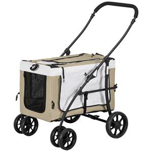 PawHut Hondenbuggy Huisdierbuggy Opvouwbaar met Afneembaar Compartiment, 81 x 58 x 97,5 cm, Zwart+Khaki+Wit