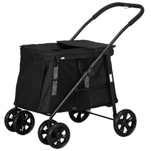 PawHut hondenbuggy, opvouwbaar, met kussen en 3 zijvakken, ideaal voor lange ritten, 102 x 62 x 105 cm, zwart | Aosom.nl