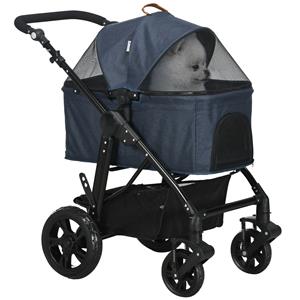 PawHut 2-in-1 hondenbuggy, opvouwbaar en lichtgewicht, ideaal voor reizen, met veilige riem, 80 x 40 x 100 cm, donkerblauw | Aosom.nl